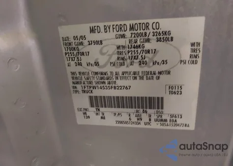 2005 Ford F150 Supercrew z USA, uszkodzony, nr VIN 1FTPW14535FB22767